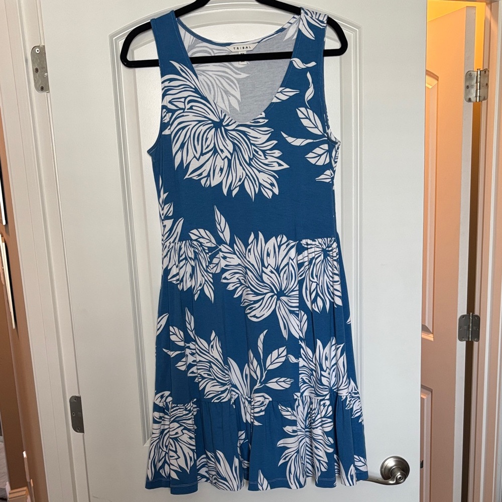 Tribal Teal and White Leaf Print Mini Dress